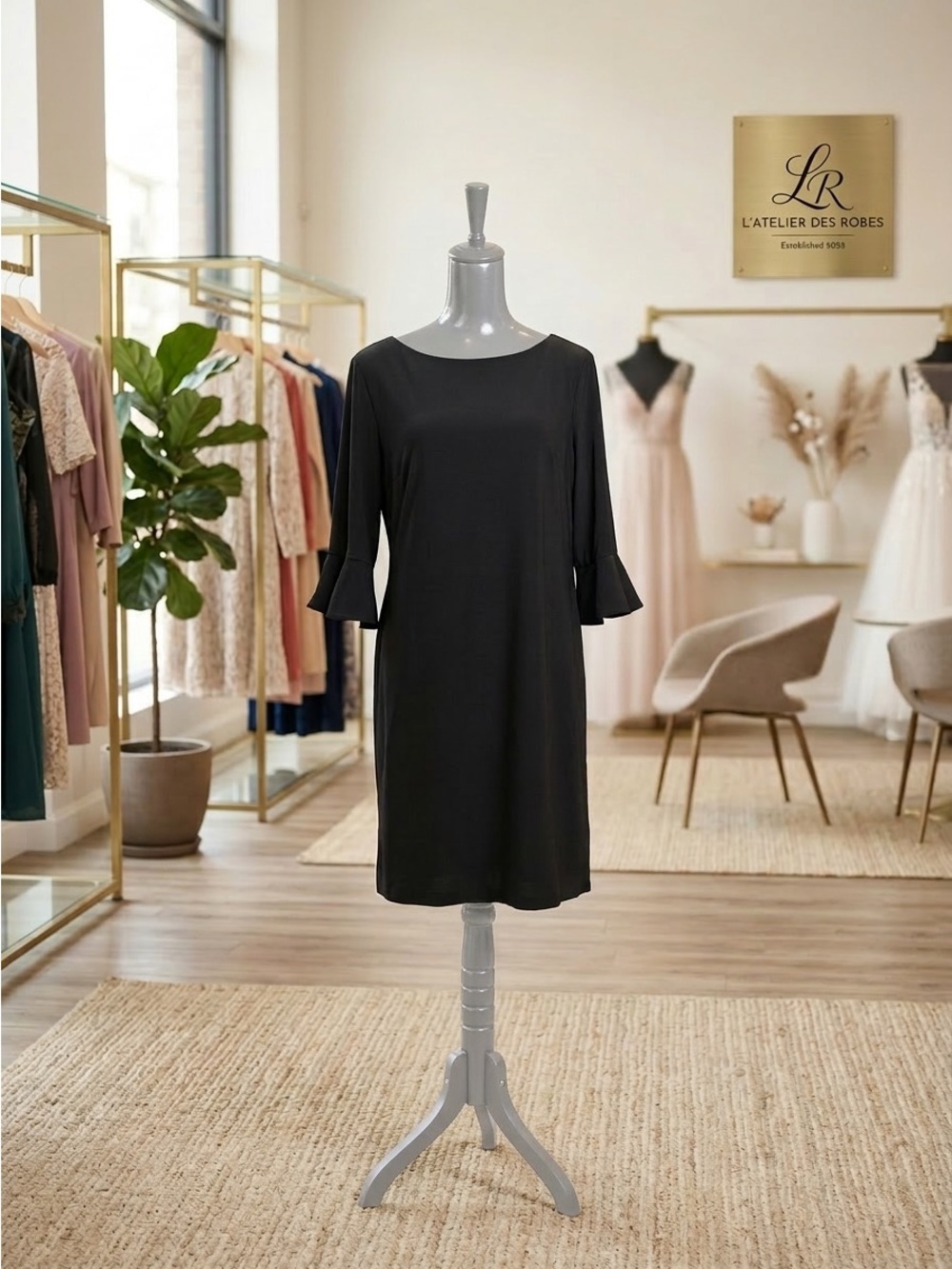 NWOT Elegant Black Ruffle-Sleeve Shift Dress